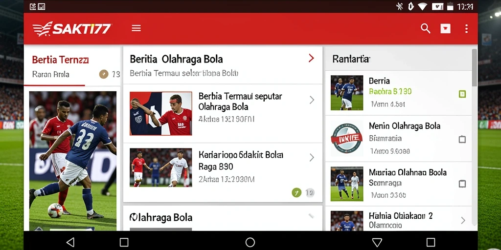 Antarmuka SAKTI77 menampilkan berita dan hasil olahraga bola.